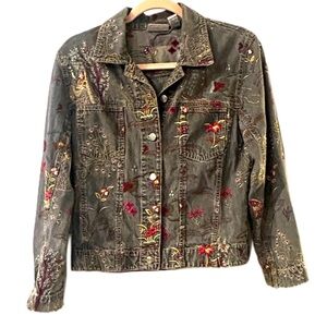 Chico's Gray Jean Jacket with Red‎ and Yellow Embroidery